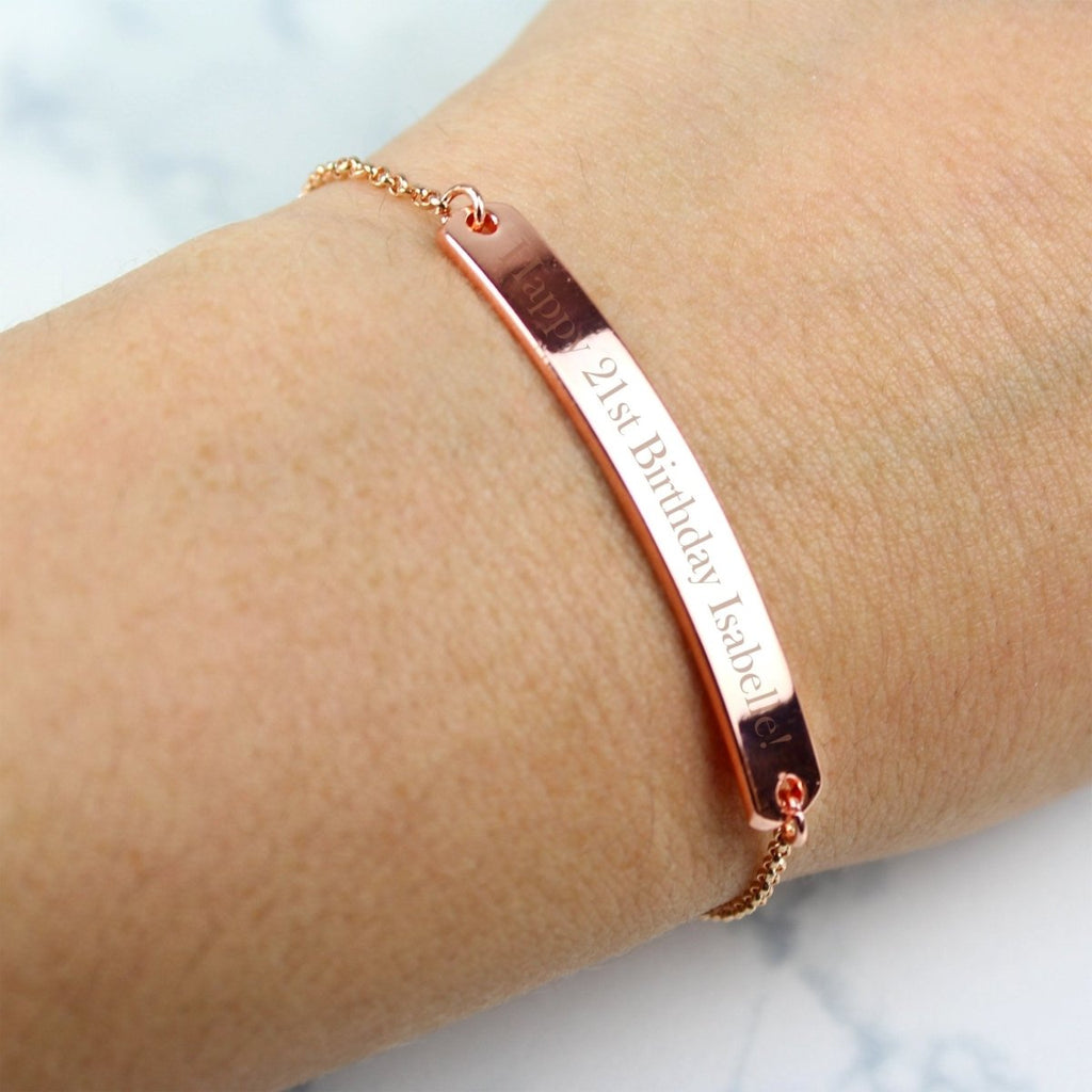 Personalized rose gold-tone bar bracelet, custom engraving up to 30 characters, fits 18.2-22.2cm wrists.