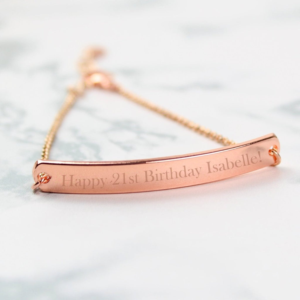 Personalized rose gold-tone bar bracelet, custom engraving up to 30 characters, fits 18.2-22.2cm wrists.