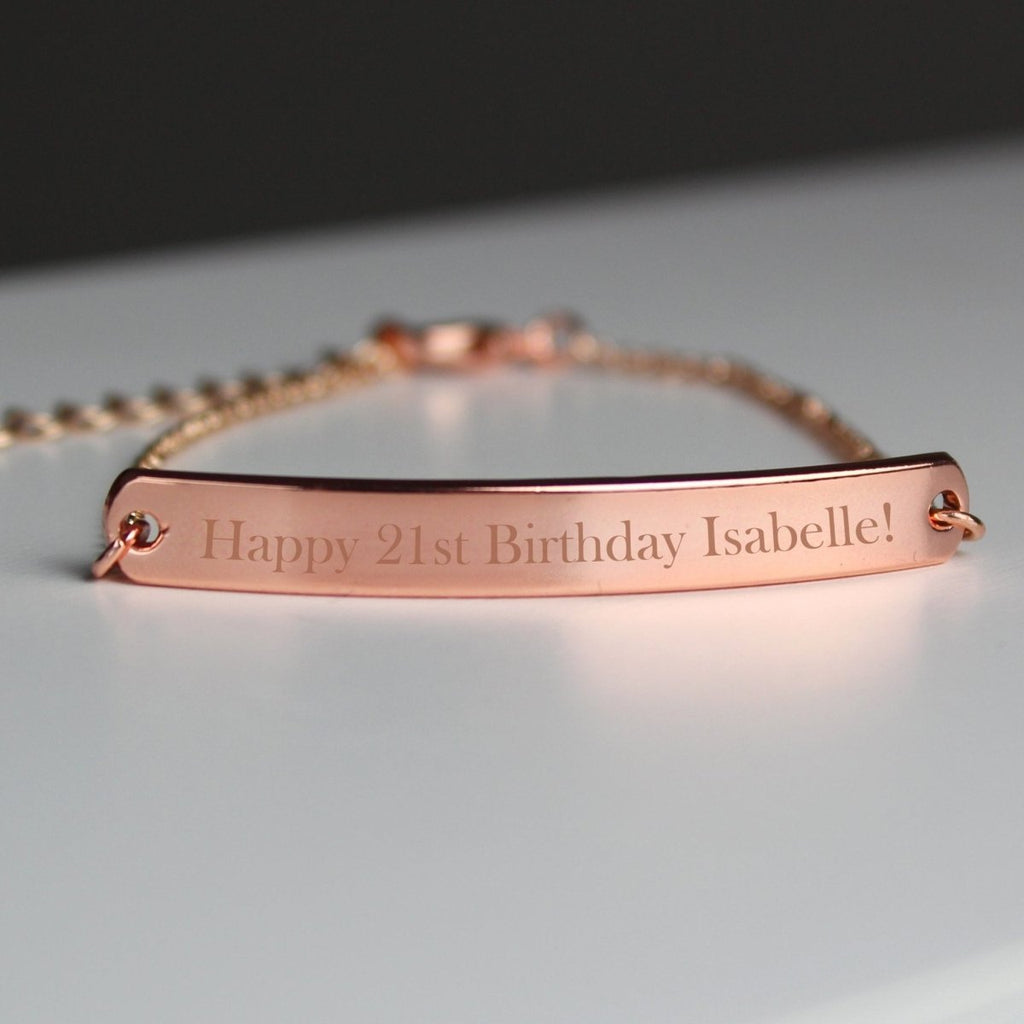 Personalized rose gold-tone bar bracelet, custom engraving up to 30 characters, fits 18.2-22.2cm wrists.