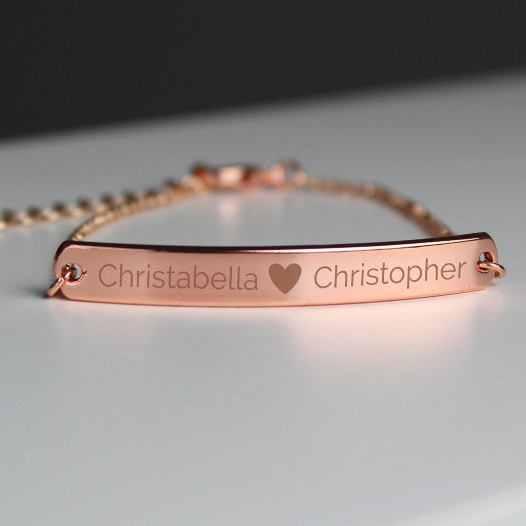 Personalised Rose Gold Tone Heart Bar Bracelet - Engraved Memories