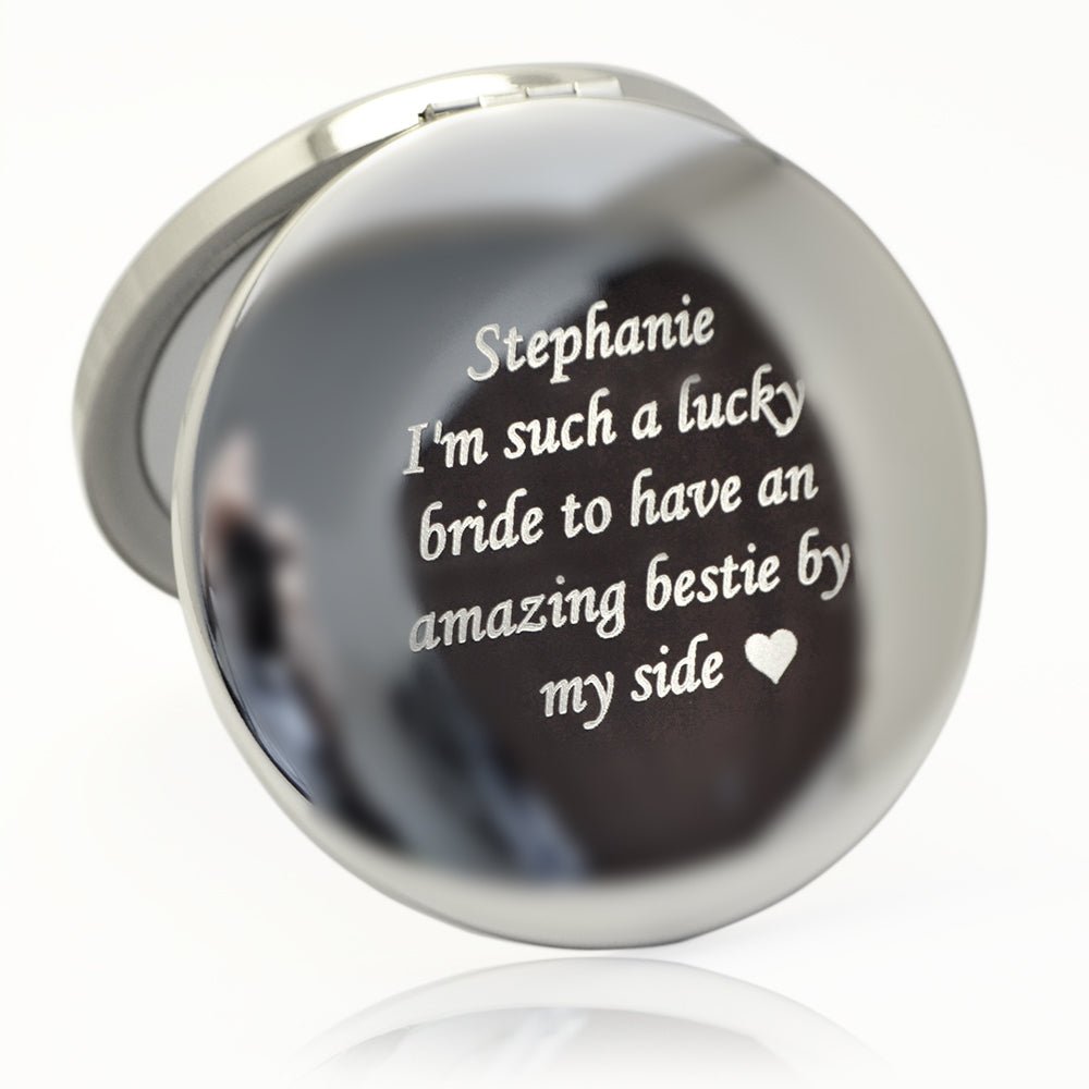 Personalized handbag mirror, engraved with photo or message, perfect Bridesmaids or Mother's Day gift.