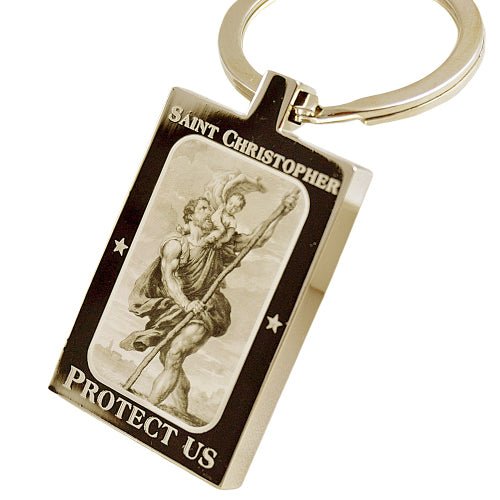 Personalized gold stainless steel St. Christopher keychain with engraved travel prayer or custom text.