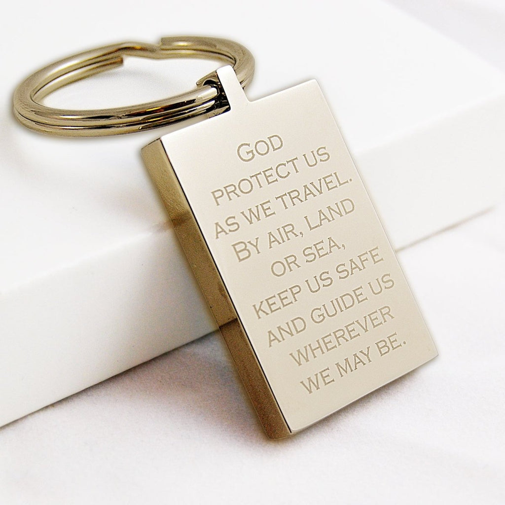 Personalized gold stainless steel St. Christopher keychain with engraved travel prayer or custom text.