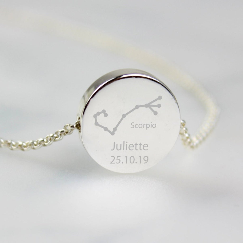 Personalised Scorpio Zodiac Star Sign Silver Tone Necklace (October 23rd - November 21st) - Engraved Memories