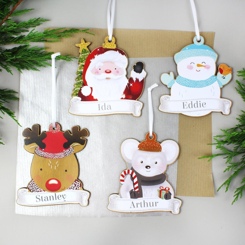 Personalised Set of Four Colourful Christmas Characters Wooden Hanging Decorations - Engraved Memories