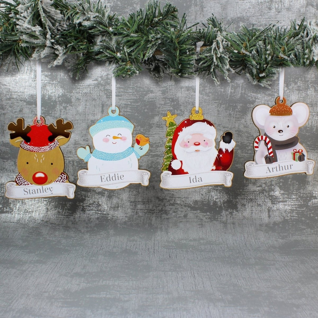 Personalised Set of Four Colourful Christmas Characters Wooden Hanging Decorations - Engraved Memories