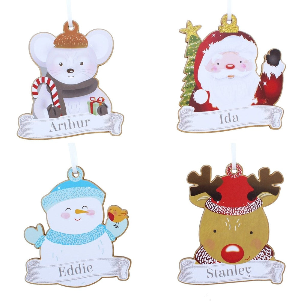 Personalised Set of Four Colourful Christmas Characters Wooden Hanging Decorations - Engraved Memories