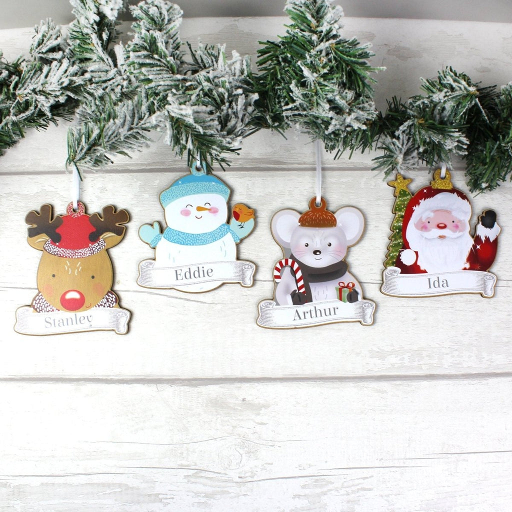 Personalised Set of Four Colourful Christmas Characters Wooden Hanging Decorations - Engraved Memories