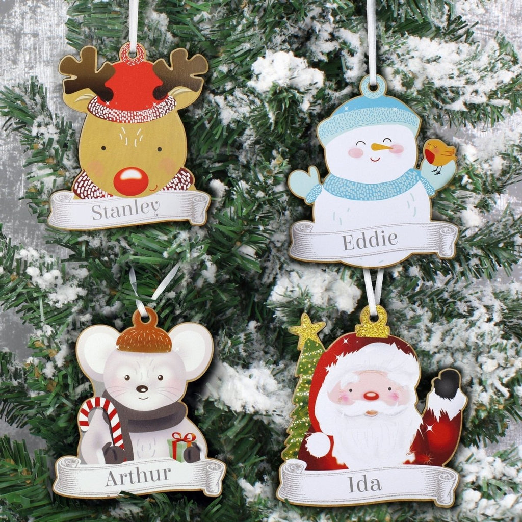 Personalised Set of Four Colourful Christmas Characters Wooden Hanging Decorations - Engraved Memories