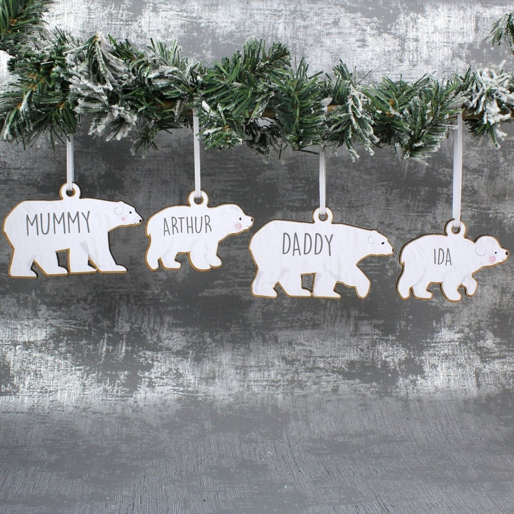 Personalised Set of Four Polar Bear Family Wooden Hanging Decorations - Engraved Memories