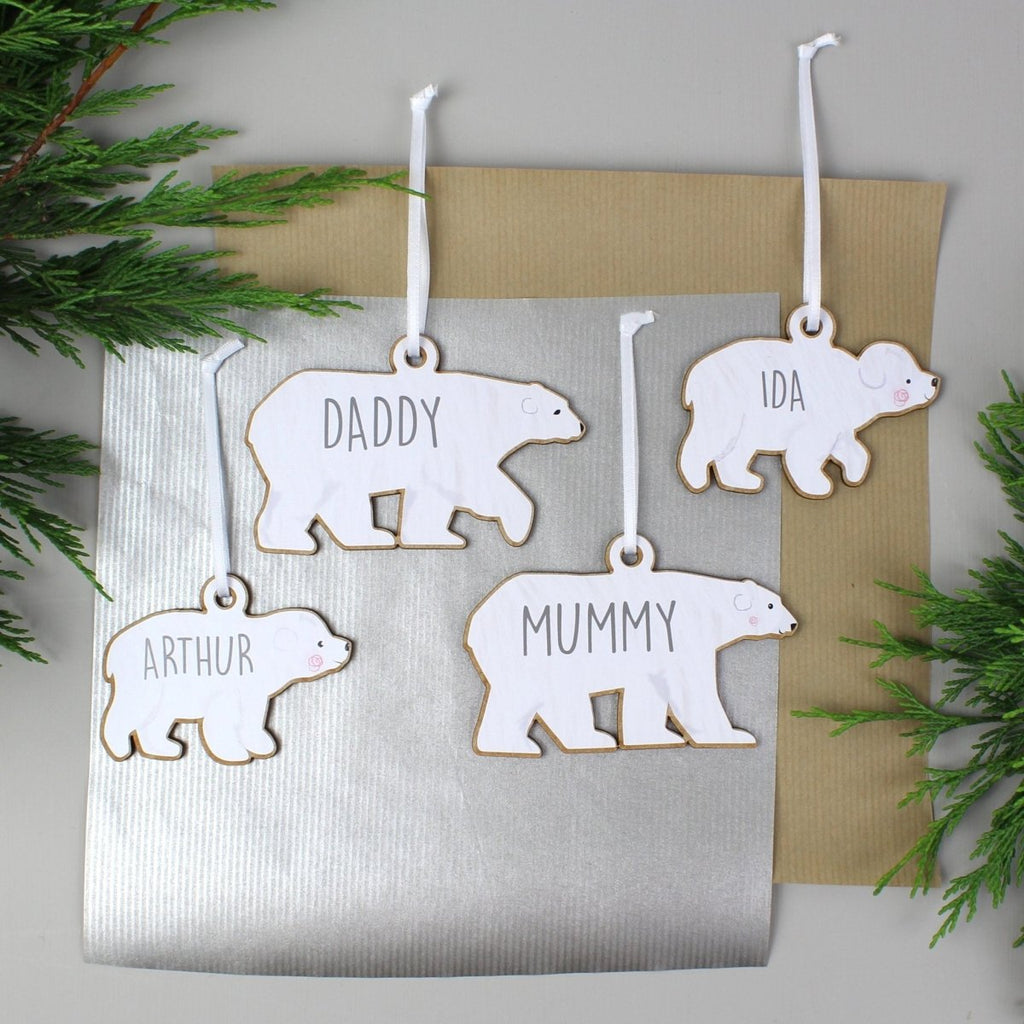 Personalised Set of Four Polar Bear Family Wooden Hanging Decorations - Engraved Memories