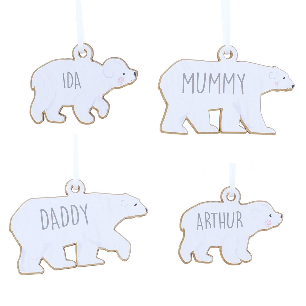 Personalised Set of Four Polar Bear Family Wooden Hanging Decorations - Engraved Memories