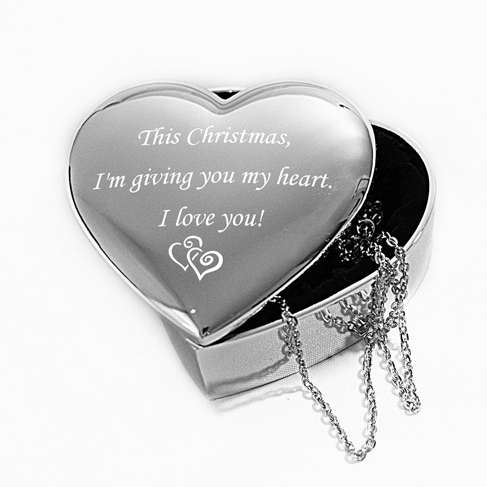 Personalised silver heart-shaped trinket box, perfect for storing cherished items and engraved with a heartfelt message