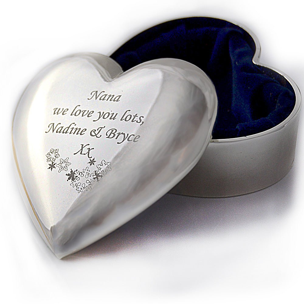 Personalised silver heart-shaped trinket box, perfect for storing cherished items and engraved with a heartfelt message