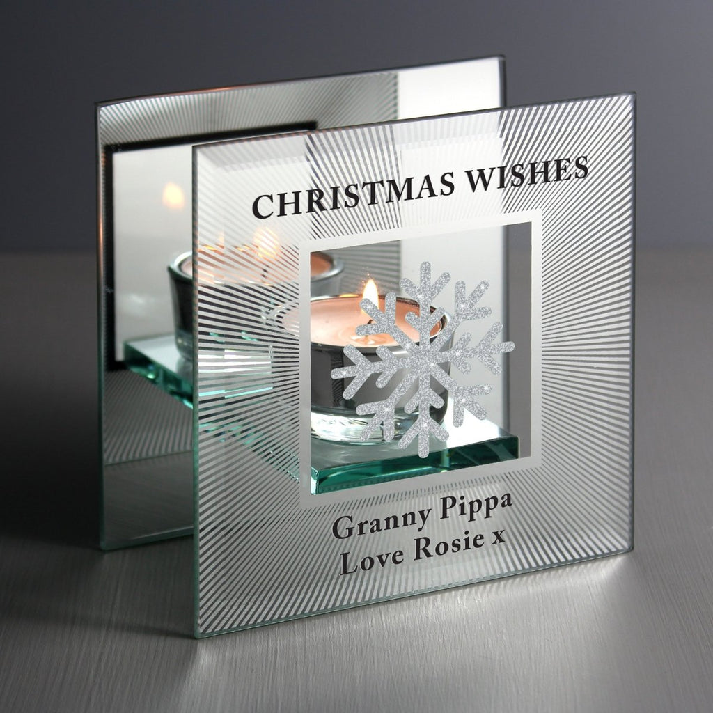 Personalised Snowflake Silver Glitter Tea Light Holder - Engraved Memories