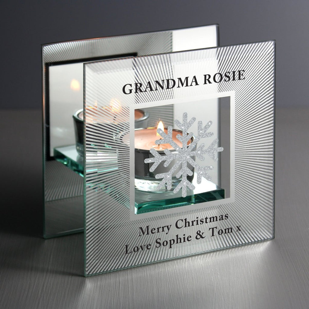 Personalised Snowflake Silver Glitter Tea Light Holder - Engraved Memories