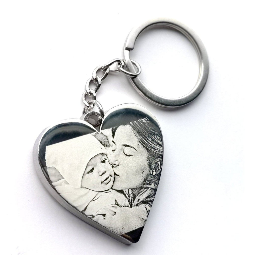 Personalized heart-shaped silver keyring with engraved special date, message, and photo, mirror polished stainless steel, 4cm x 2.5cm