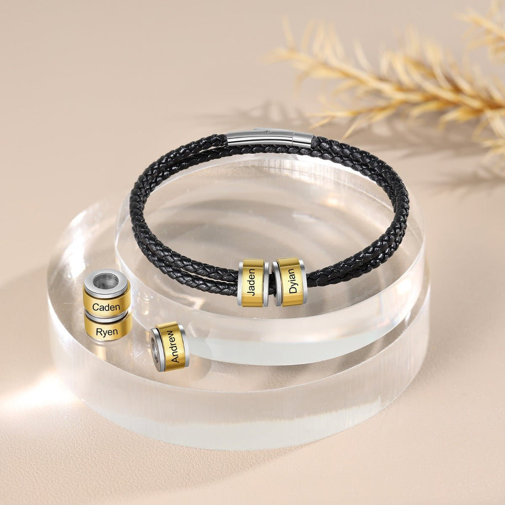 Personalised Stainless Steel Black Leather Gold Bead Bracelet, Name Bracelet, Gift for Parents - Engraved Memories