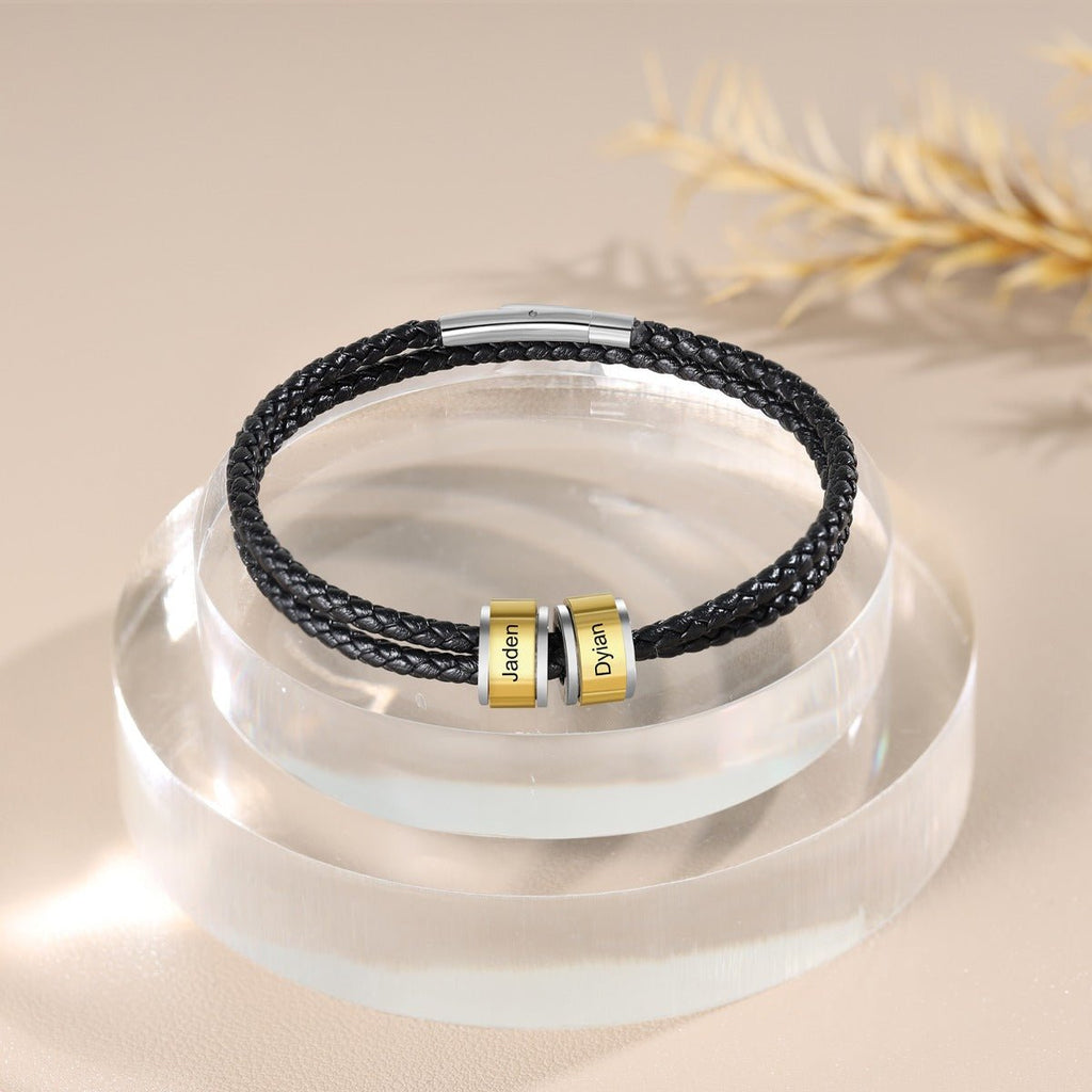 Personalised Stainless Steel Black Leather Gold Bead Bracelet, Name Bracelet, Gift for Parents - Engraved Memories