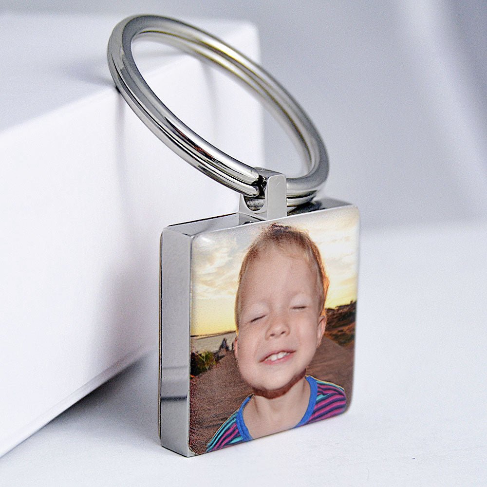 Personalized metal keyring with photo & engraving. Stainless steel, 2.5cm, includes free velvet pouch