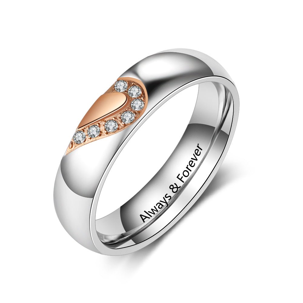 Personalized stainless steel couple rings, heart design, customizable names, US sizes 5-12, white gold plated.