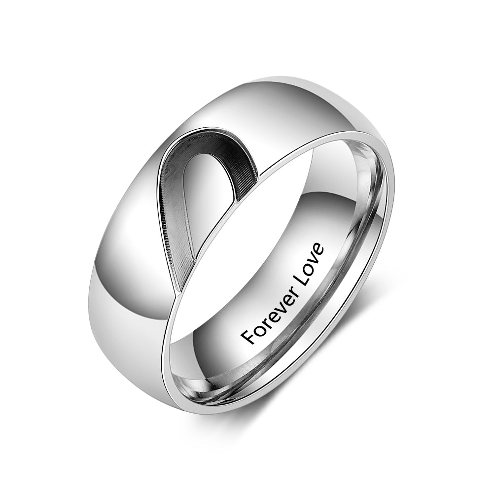 Personalized stainless steel couple rings, heart design, customizable names, US sizes 5-12, white gold plated.