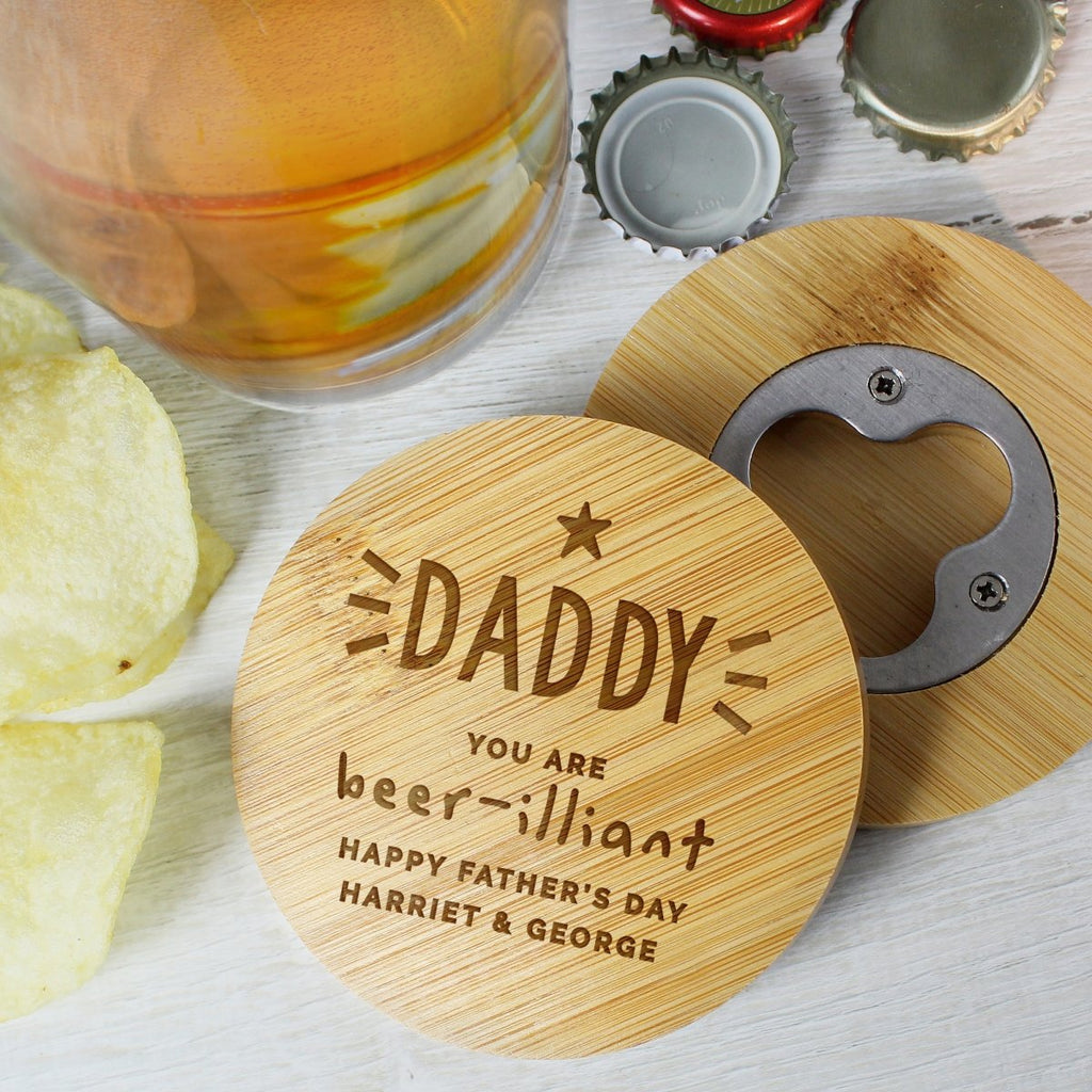 Personalised Star Bamboo Bottle Opener Coaster, Father's day Gift for Men - Engraved Memories