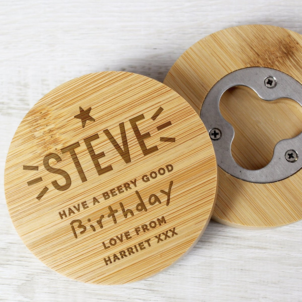 Personalised Star Bamboo Bottle Opener Coaster, Father's day Gift for Men - Engraved Memories