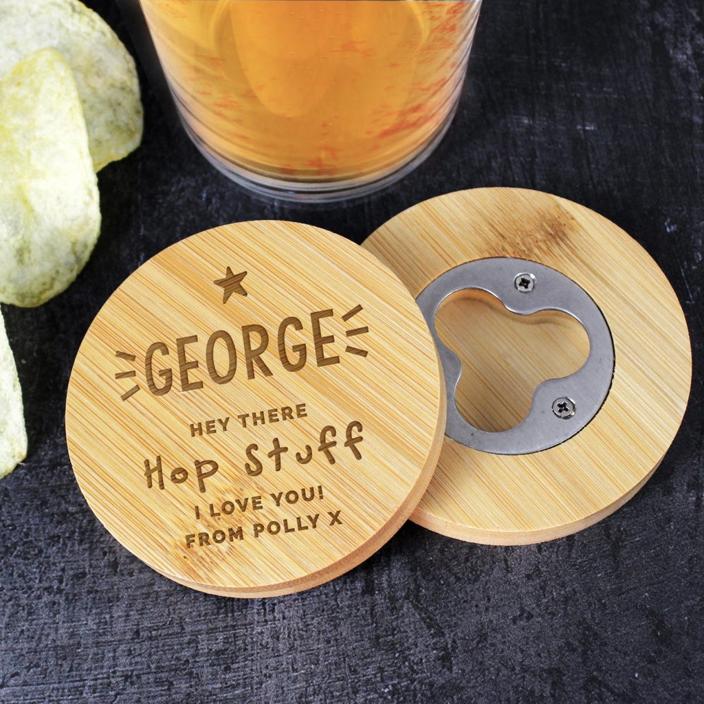 Personalised Star Bamboo Bottle Opener Coaster, Father's day Gift for Men - Engraved Memories