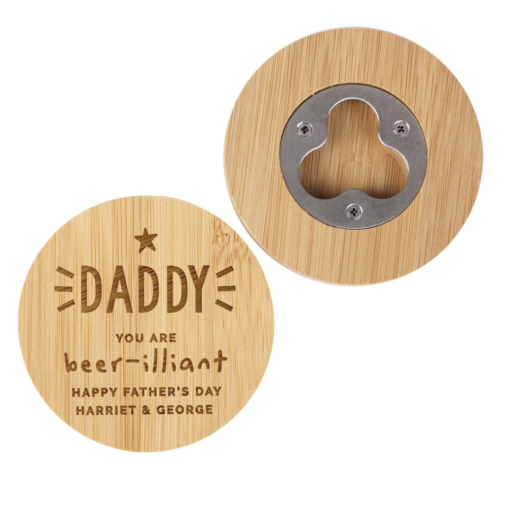 Personalised Star Bamboo Bottle Opener Coaster, Father's day Gift for Men - Engraved Memories