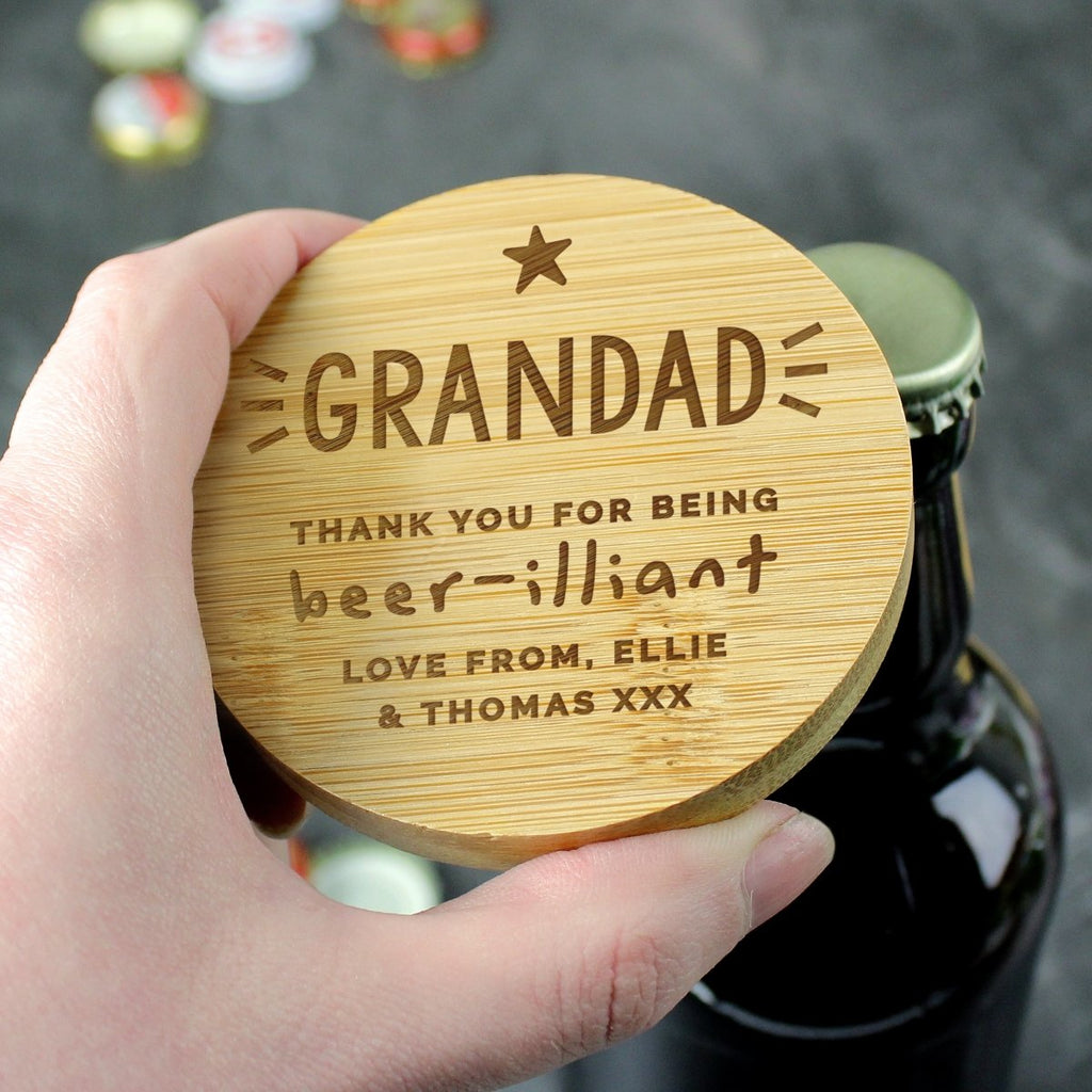 Personalised Star Bamboo Bottle Opener Coaster, Father's day Gift for Men - Engraved Memories
