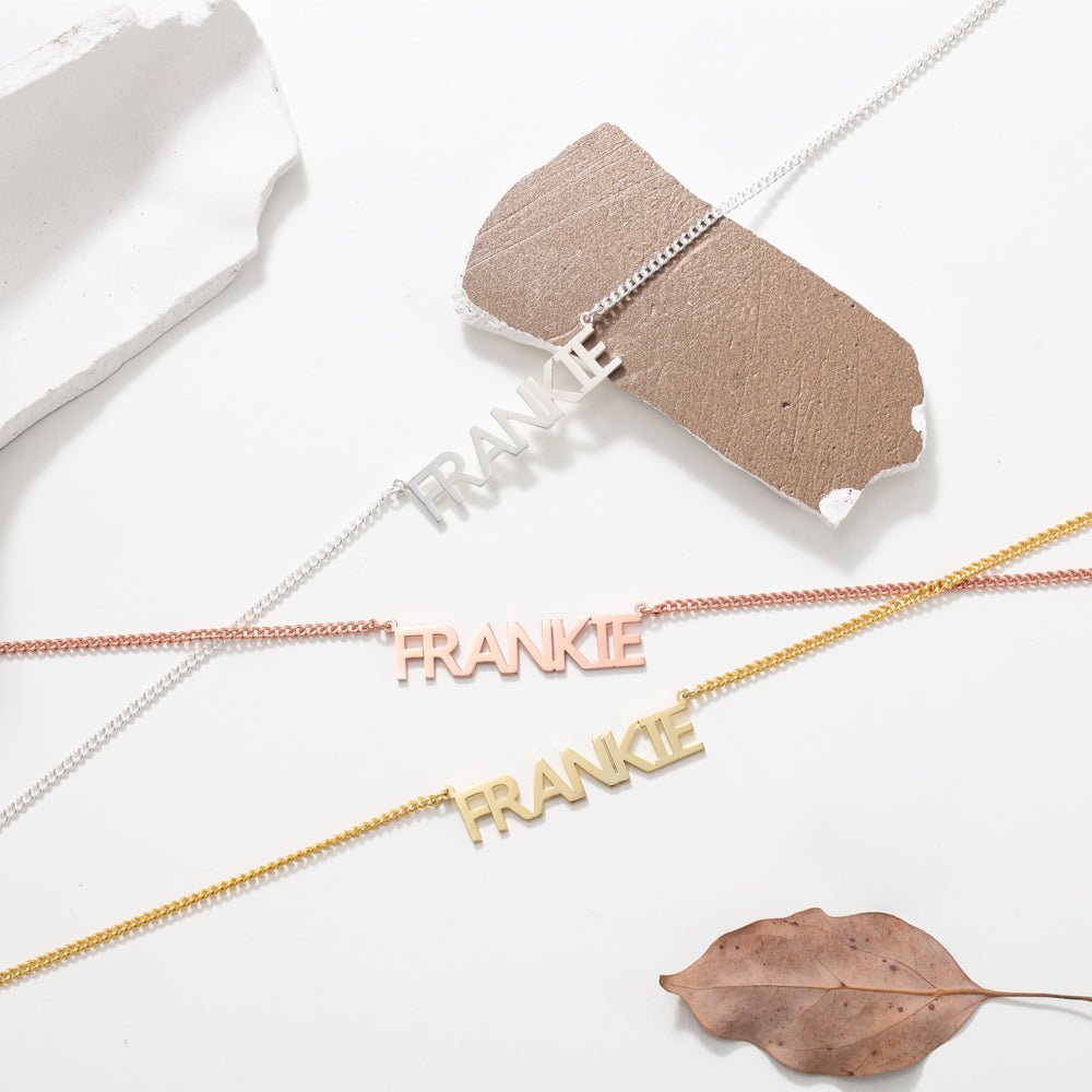 Personalized sterling silver 925 cutout NAME necklace, gold/rose gold/white gold, 14-22inch, 4.3g.