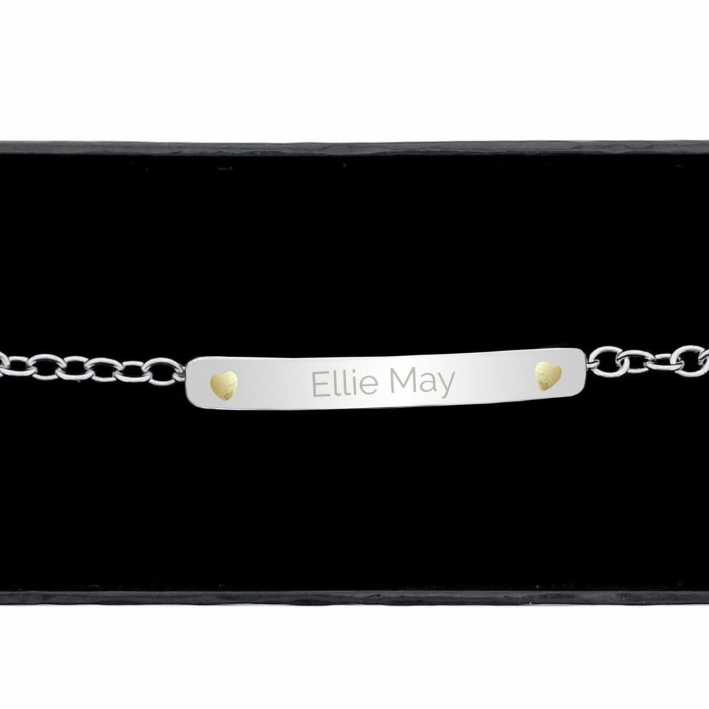 Personalized sterling silver and 9ct gold-plated bar bracelet, custom name up to 12 characters, 7.25 inches