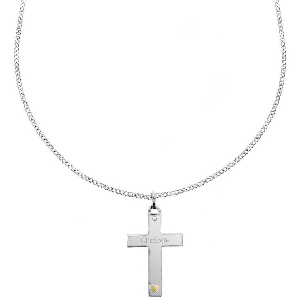 Personalised Sterling Silver Cross with 9ct Gold Heart & CZ Necklace - Engraved Memories