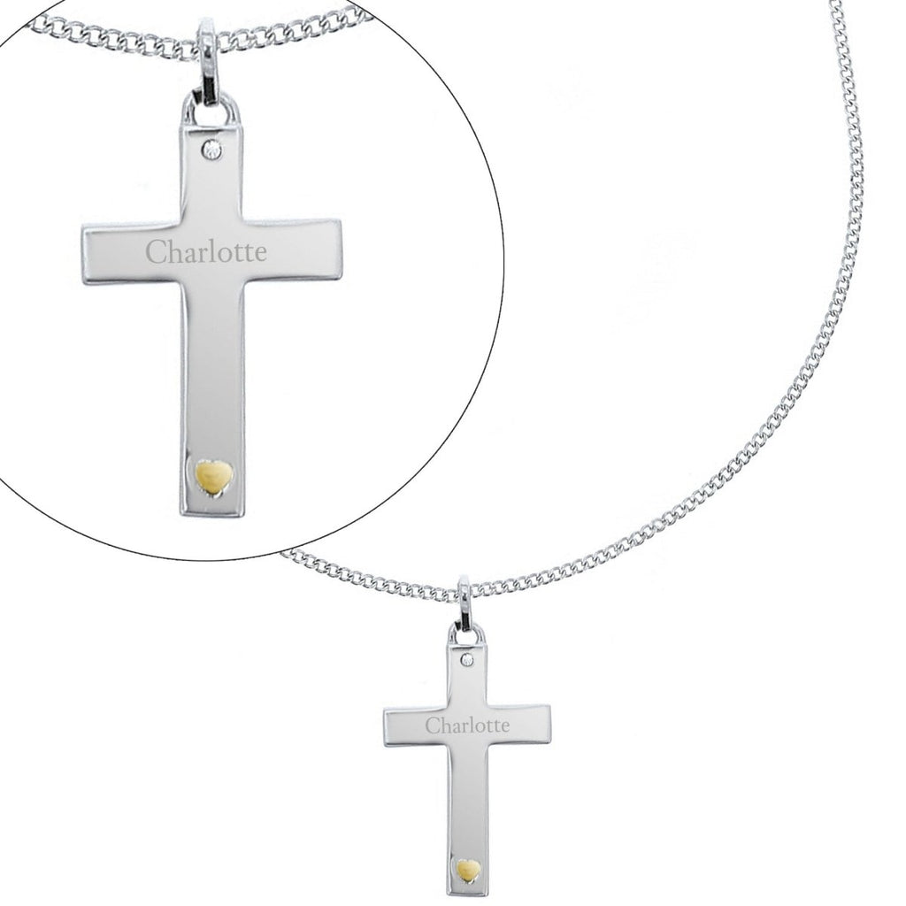 Personalised Sterling Silver Cross with 9ct Gold Heart & CZ Necklace - Engraved Memories