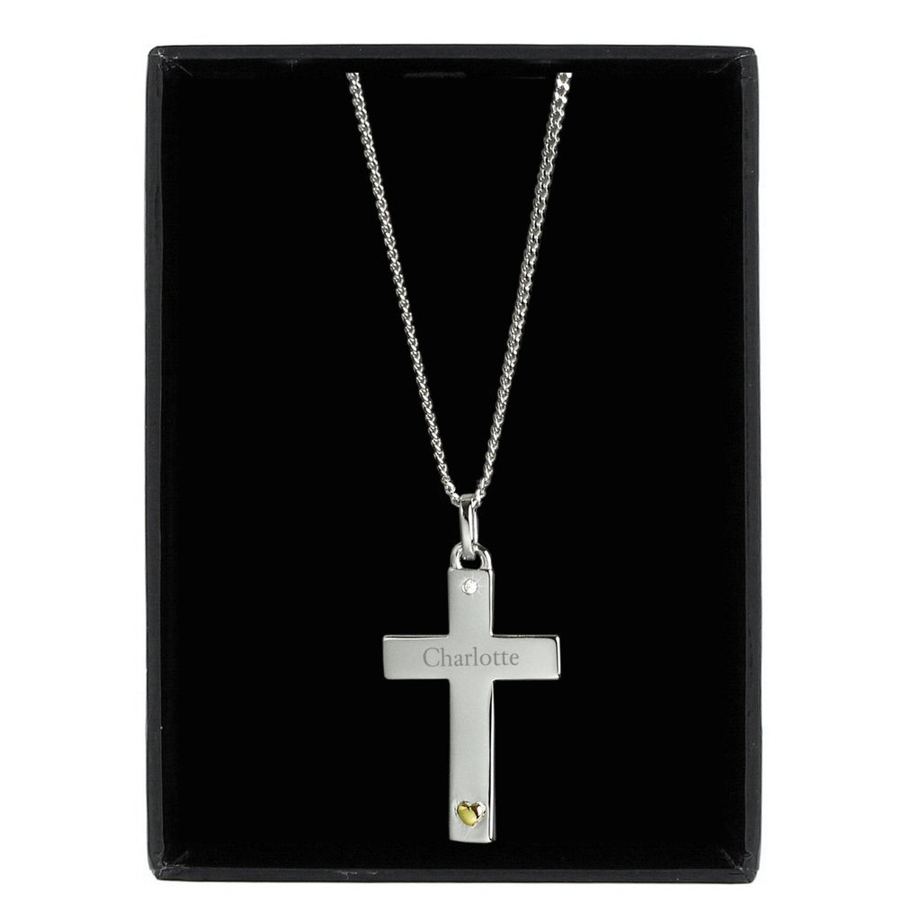 Personalised Sterling Silver Cross with 9ct Gold Heart & CZ Necklace - Engraved Memories