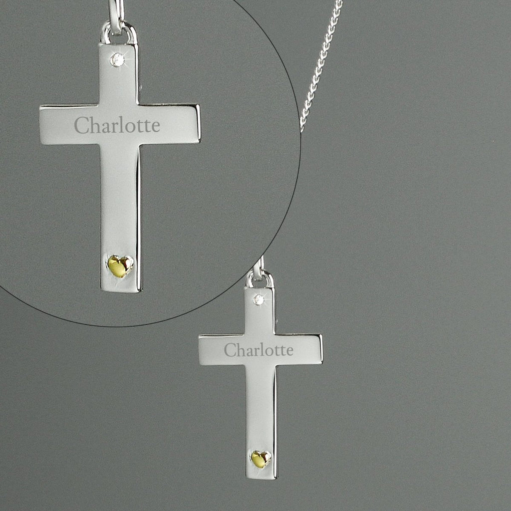 Personalised Sterling Silver Cross with 9ct Gold Heart & CZ Necklace - Engraved Memories