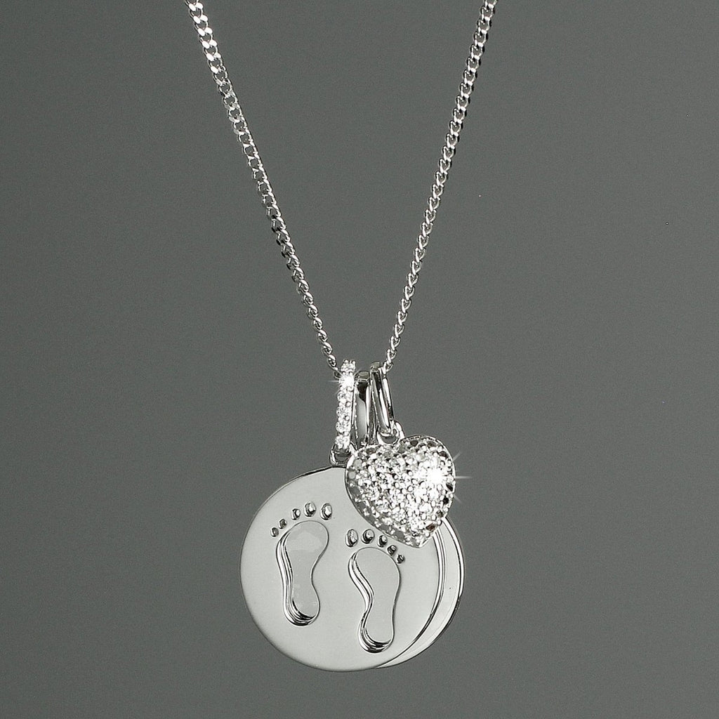 Personalised Sterling Silver Footprints and Cubic Zirconia Heart Necklace - Engraved Memories