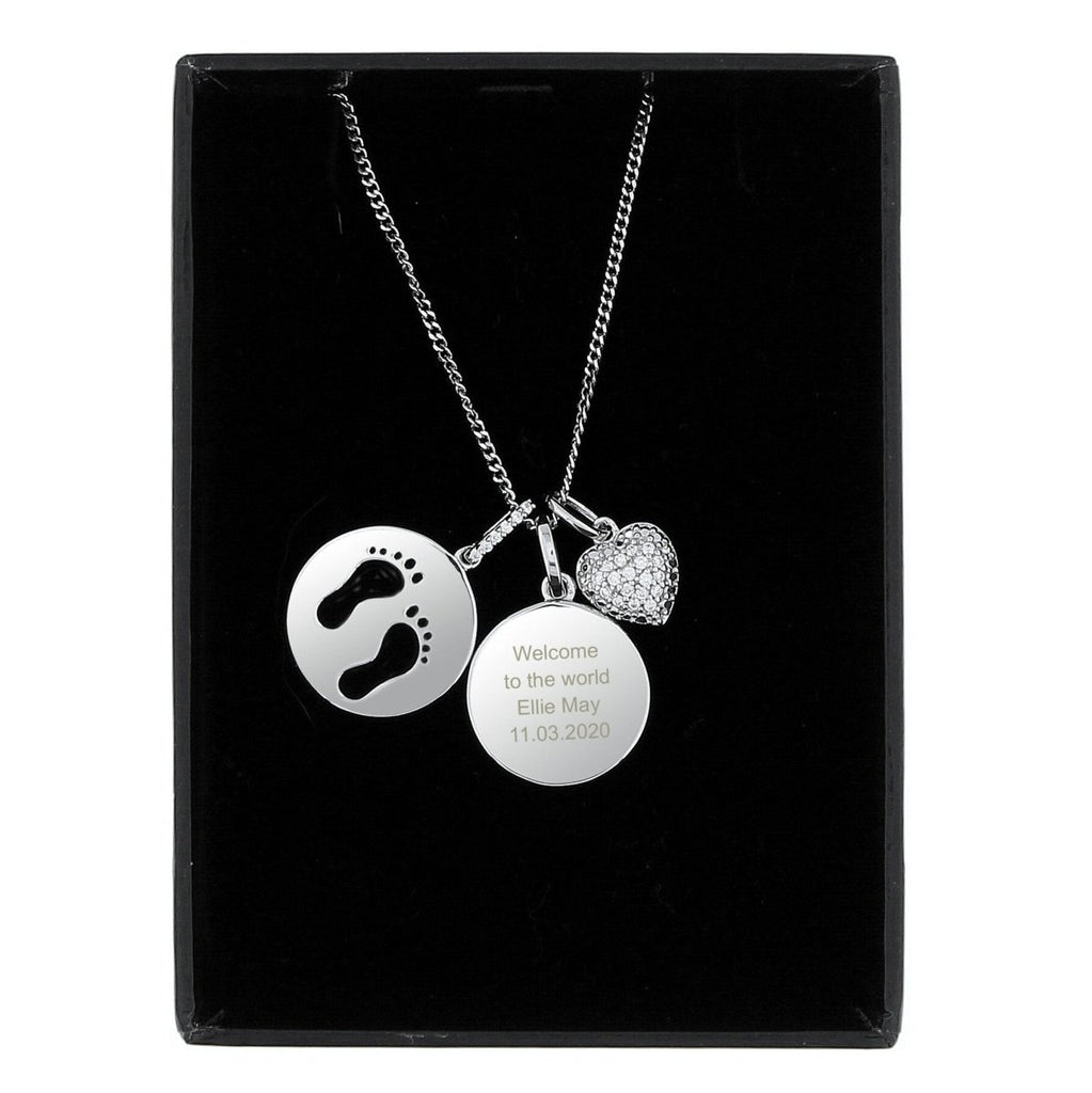 Personalised Sterling Silver Footprints and Cubic Zirconia Heart Necklace - Engraved Memories