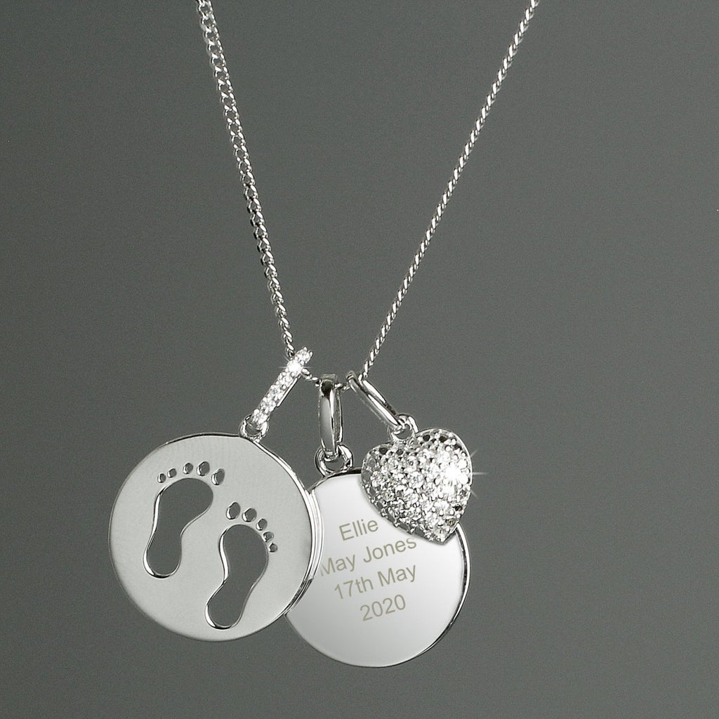 Personalised Sterling Silver Footprints and Cubic Zirconia Heart Necklace - Engraved Memories