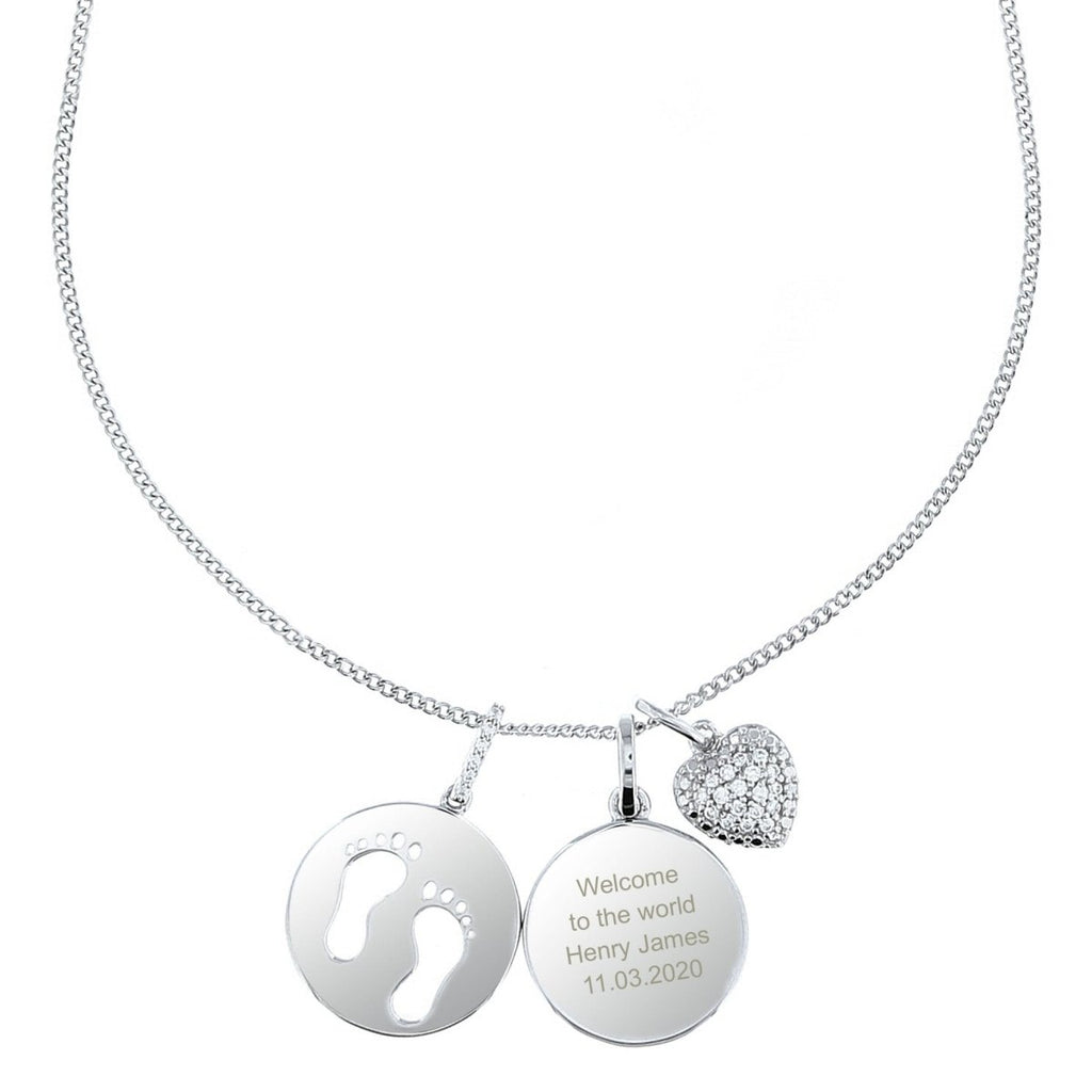 Personalised Sterling Silver Footprints and Cubic Zirconia Heart Necklace - Engraved Memories