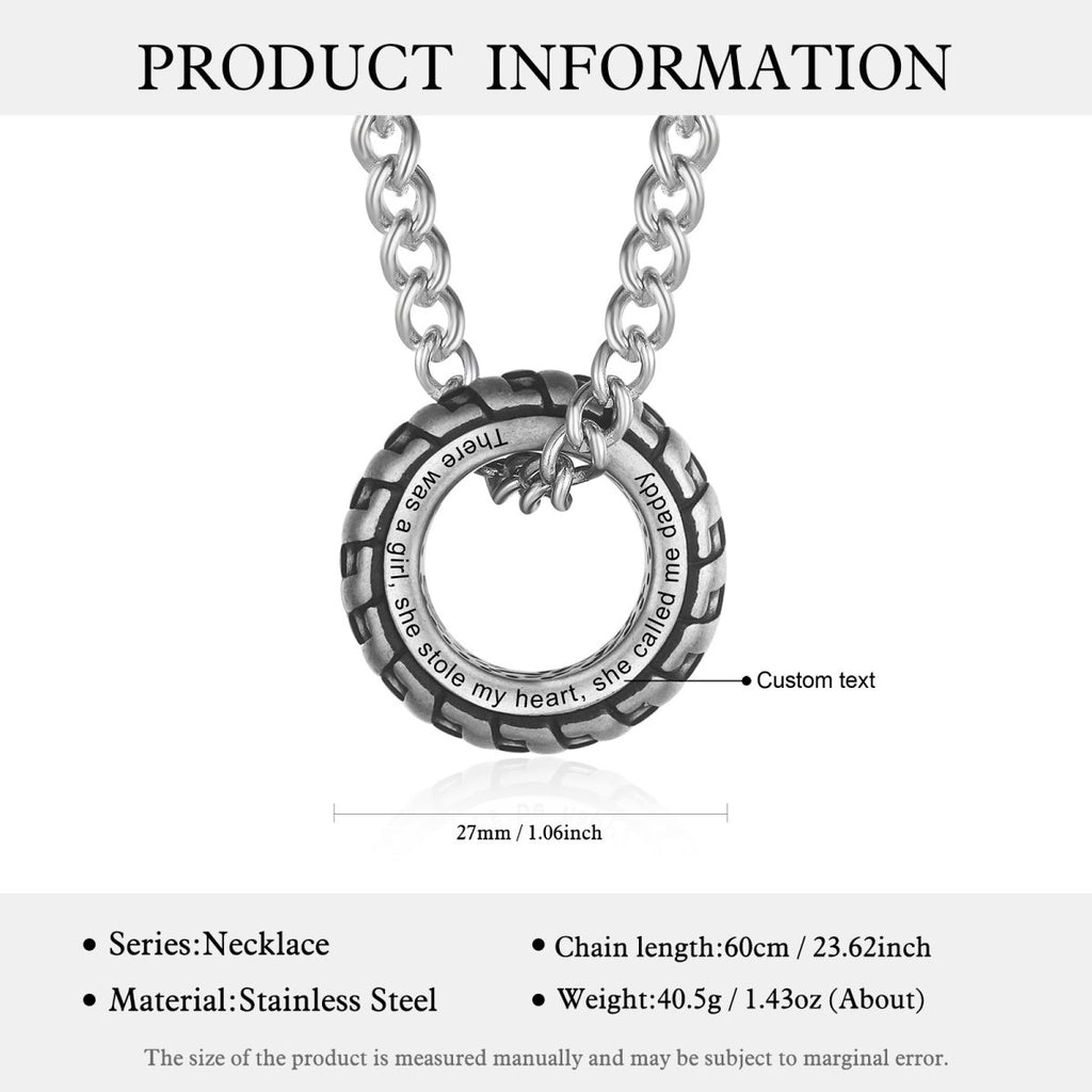 Personalised Tire Necklace, Engraved Wheel Tire Pendant, Car Lover's Necklace, Men's Necklace - Engraved Memories