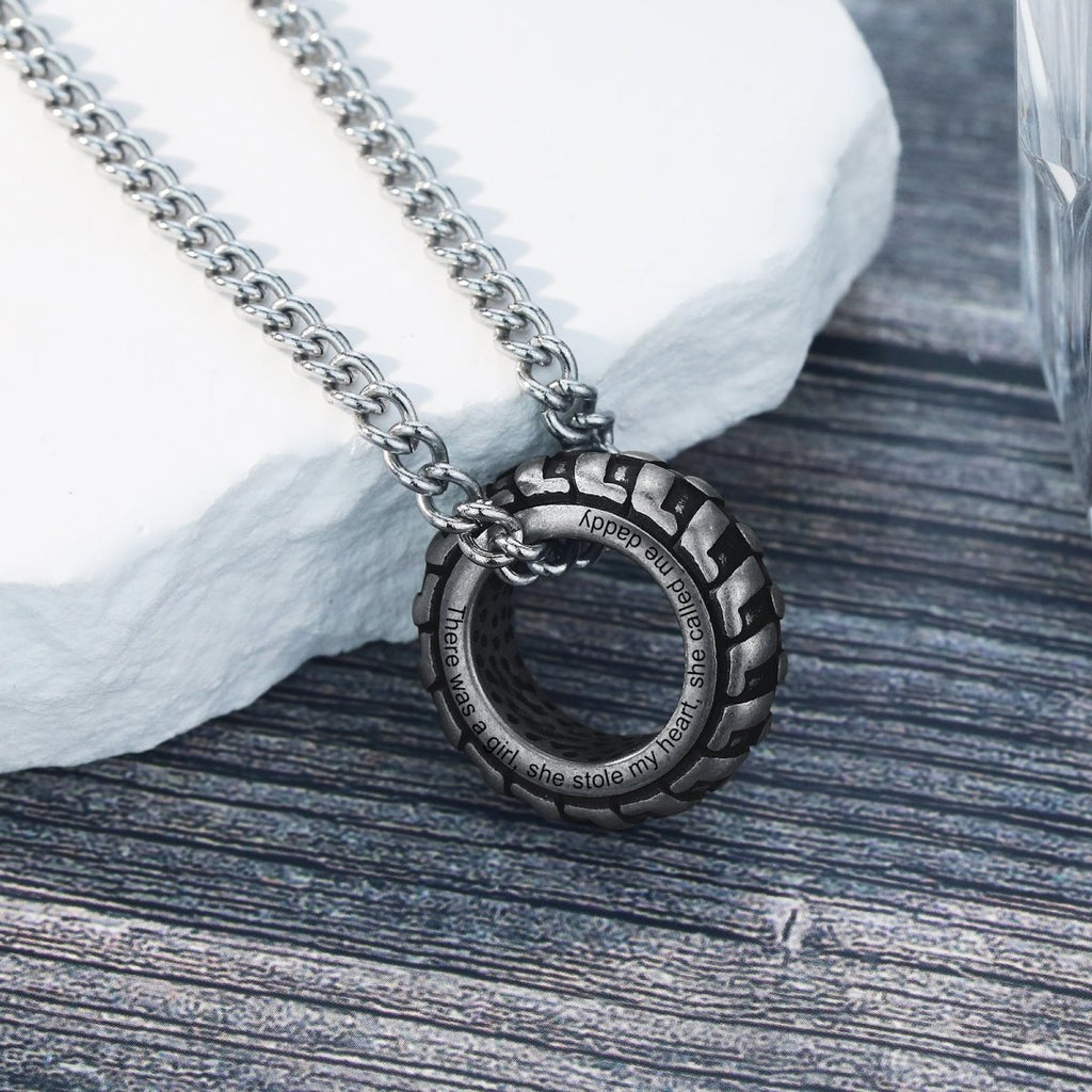 Personalised Tire Necklace, Engraved Wheel Tire Pendant, Car Lover's Necklace, Men's Necklace - Engraved Memories