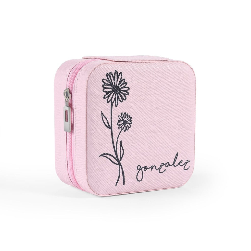 Personalised travel jewellery box, customizable with name & birth flower, in white, pink, or black.