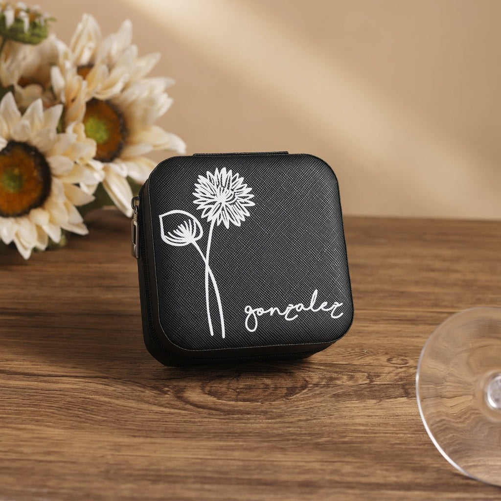 Personalised travel jewellery box, customizable with name & birth flower, in white, pink, or black.