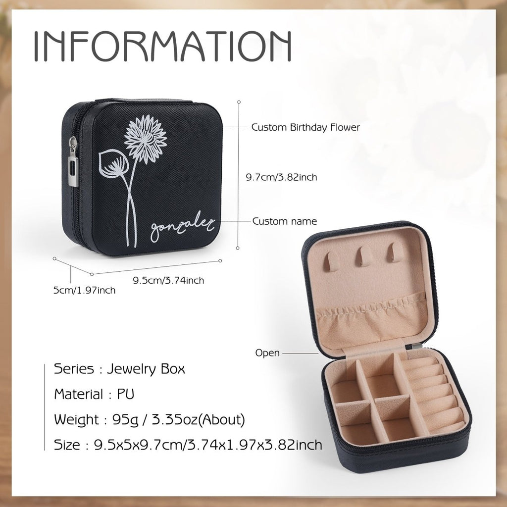 Personalised travel jewellery box, customizable with name & birth flower, in white, pink, or black.