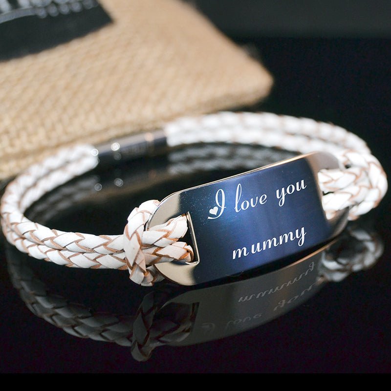 Personalized leather bracelet with stainless steel plate, custom engraving up to 50 characters, 20cm
