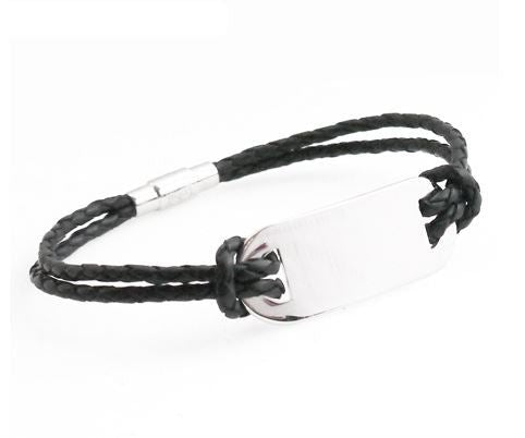 Personalized leather bracelet with stainless steel plate, custom engraving up to 50 characters, 20cm