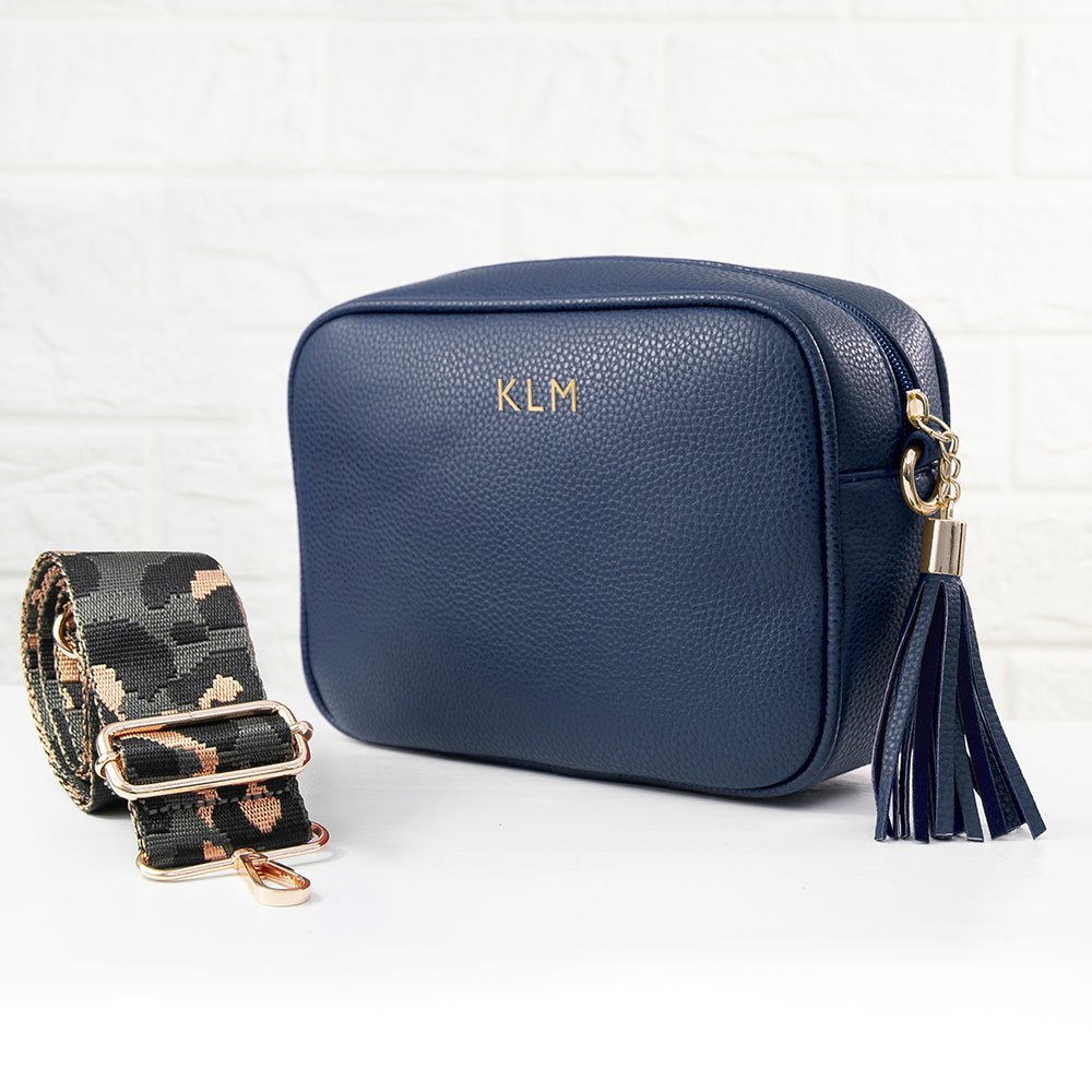 Personalised Vegan Leather Crossbody Bag in Navy - Engraved Memories