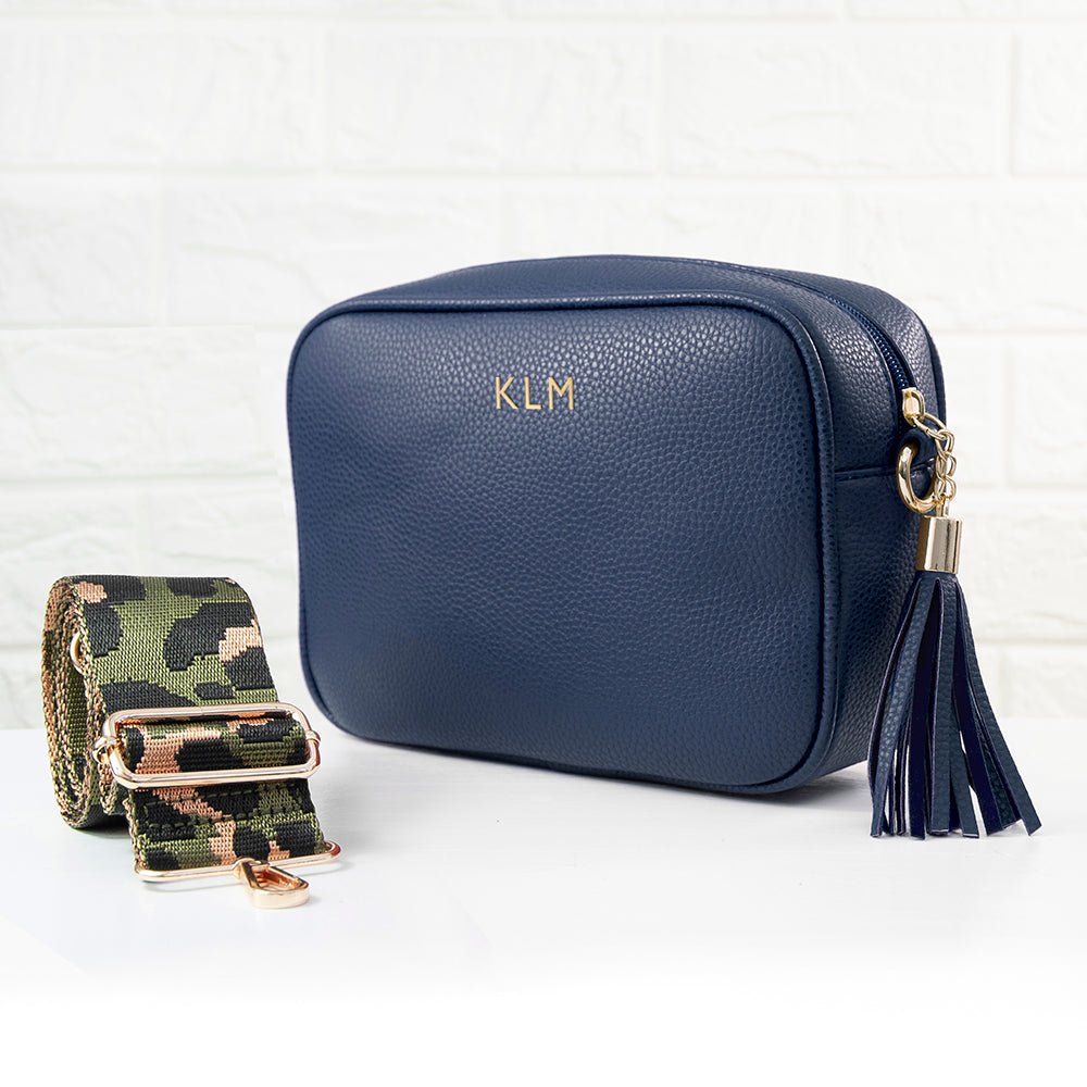 Personalised Vegan Leather Crossbody Bag in Navy - Engraved Memories